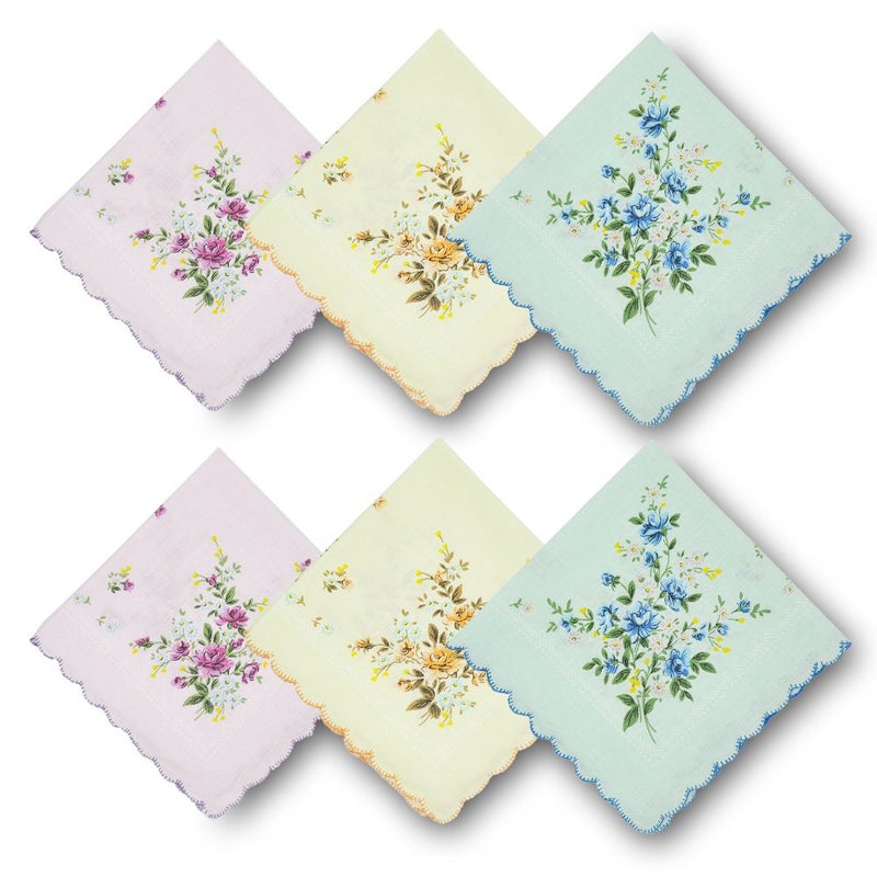 GB Collection GB Women's 100% Cotton Handkerchiefs Assorted with Wavy Edge and Print Floral 12 Pieces - Image 1